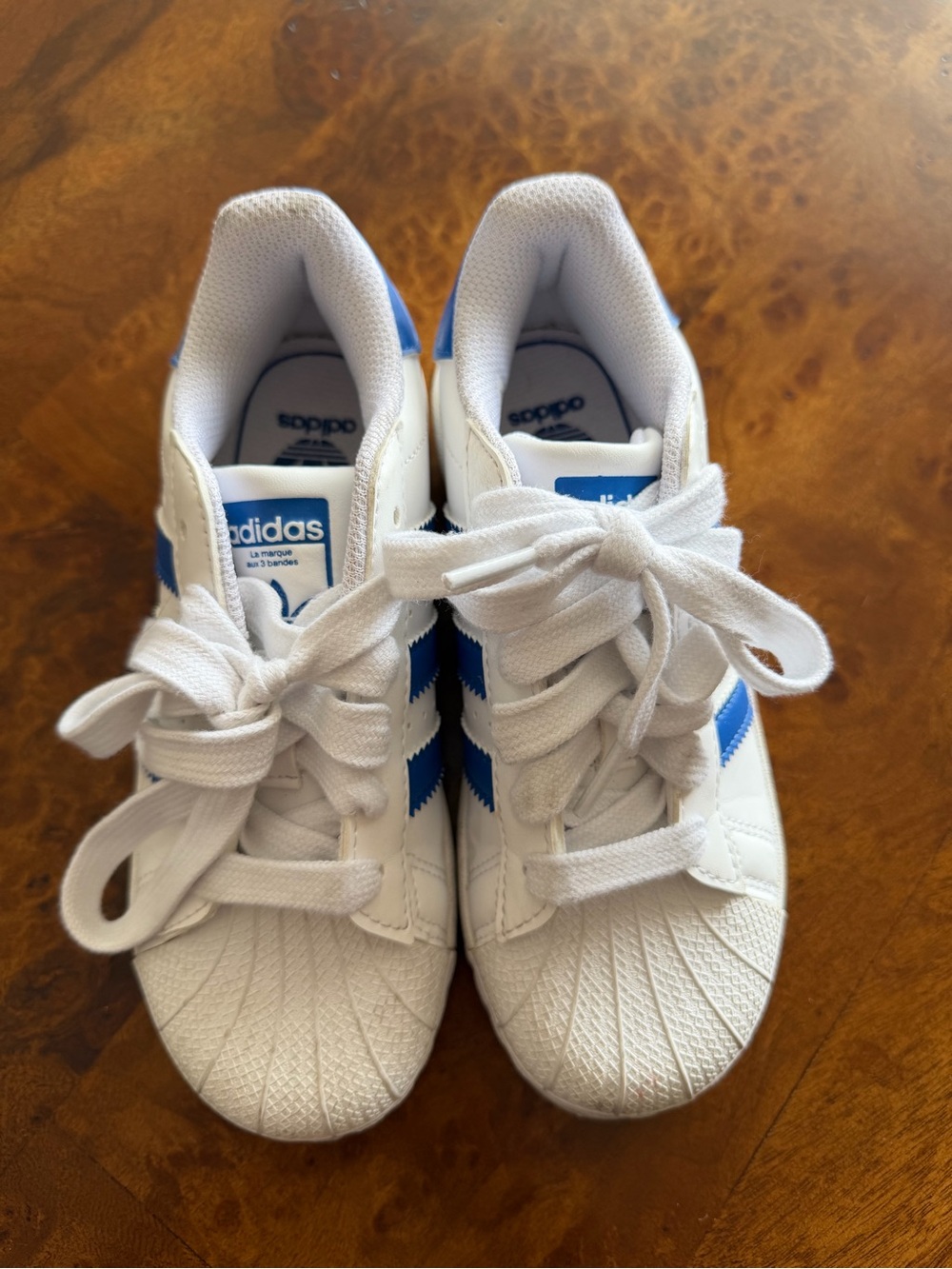 Adidas Superstar Kids White Sneakers with Blue Stripes